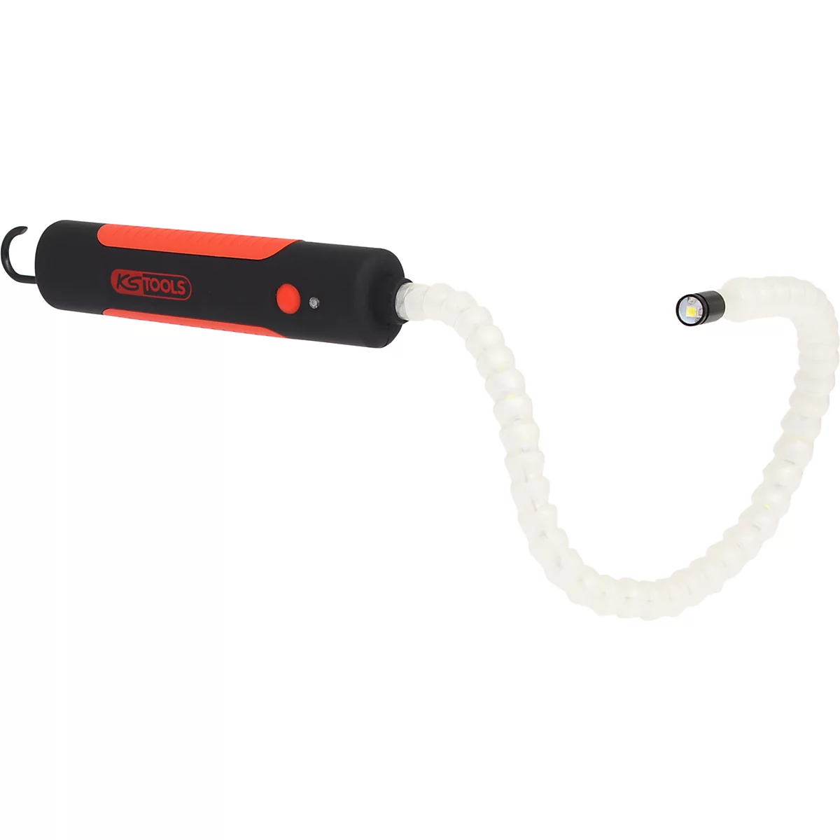 Flexibele staaflamp met een zwarte handgreep, rode punt en een flexibele, transparante lichtkabel die overgaat in een LED-lamp.